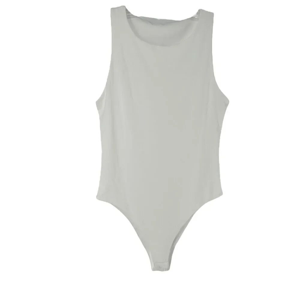 White Bodysuit Womens Size L Sleeveless Round Neck Stretch Material Snap Close